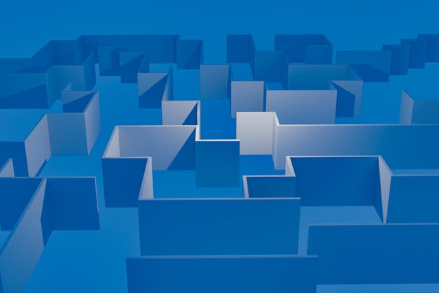 Abstract Blue Maze with Geometric Patterns